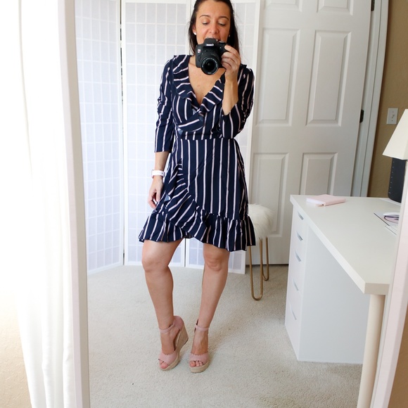 Blue Striped Fit and Flare Ruffle Wrap Dress - Picture 10 of 15